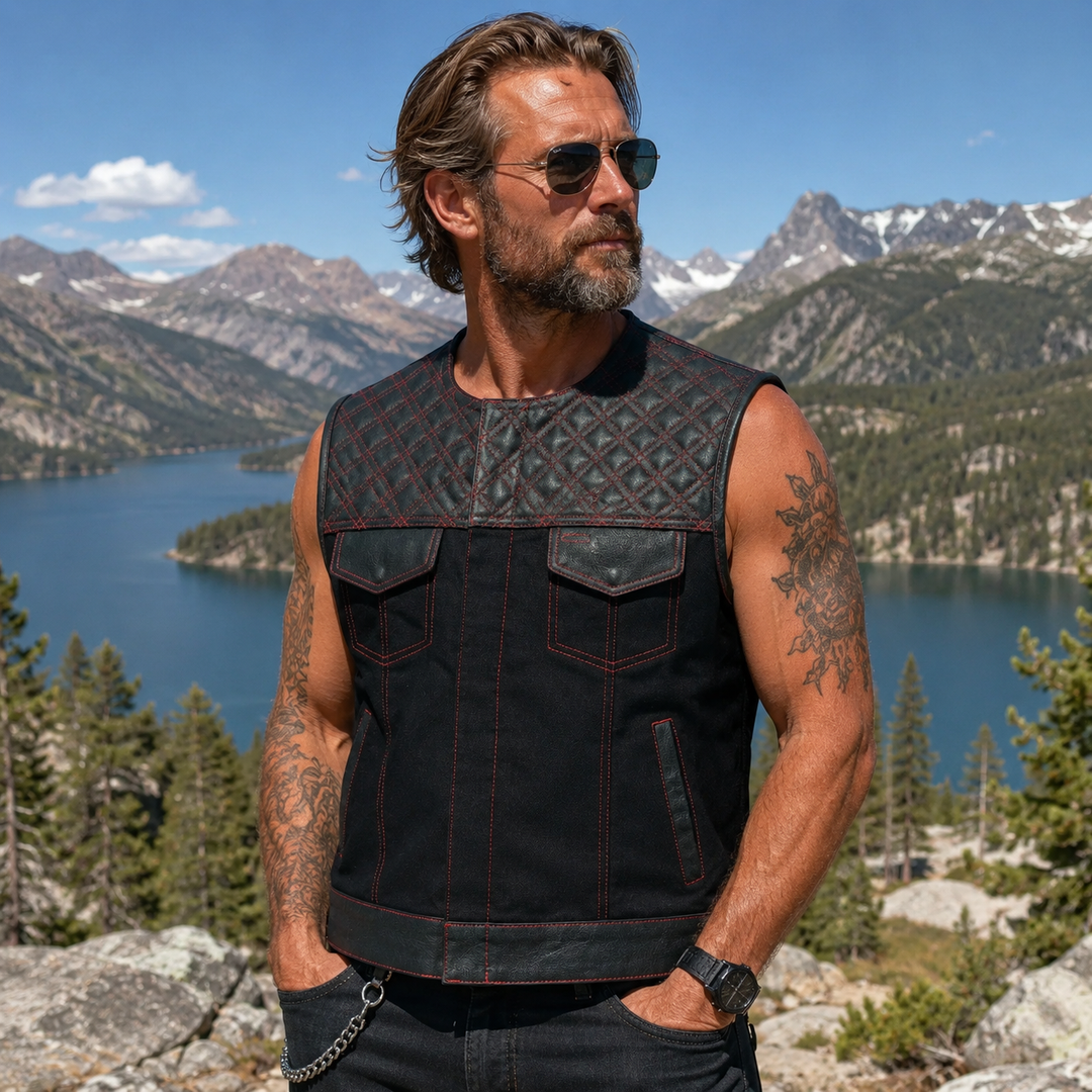 Collarless Red Stitched Leather &amp; Denim Motorcycle Vests for Men