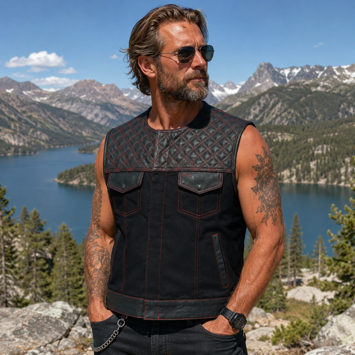 Collarless Red Stitched Leather &amp; Denim Motorcycle Vests for Men