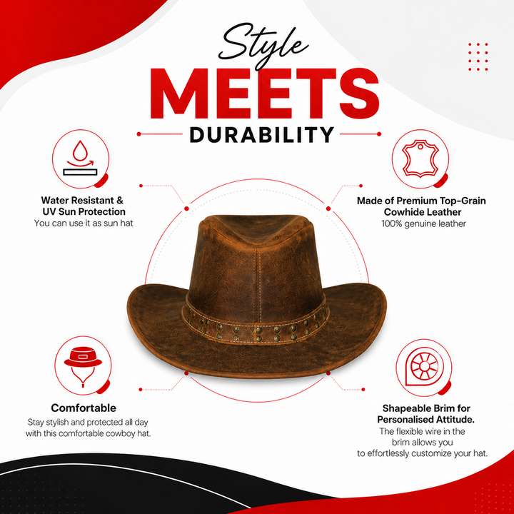 Lone Rock Top Grain Leather Cowboy Hat for Men &amp; Women – Shapeable Brim, Handcrafted Outback Hat with Chinstrap