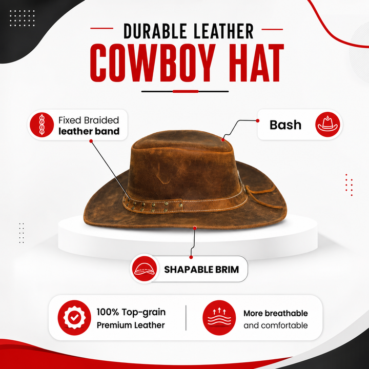 Lone Rock Top Grain Leather Cowboy Hat for Men &amp; Women – Shapeable Brim, Handcrafted Outback Hat with Chinstrap