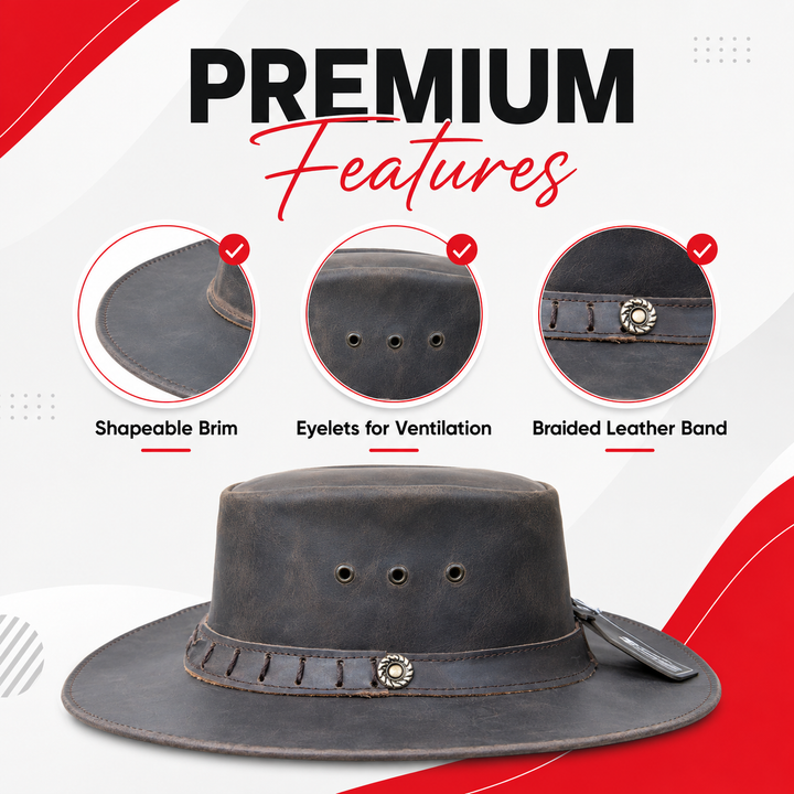 Durham Leather Cowboy Hat for Men &amp; Women – Genuine Vintage Cowhide Western Outback Hat with Bull Head Band &amp; Shapeable Brim