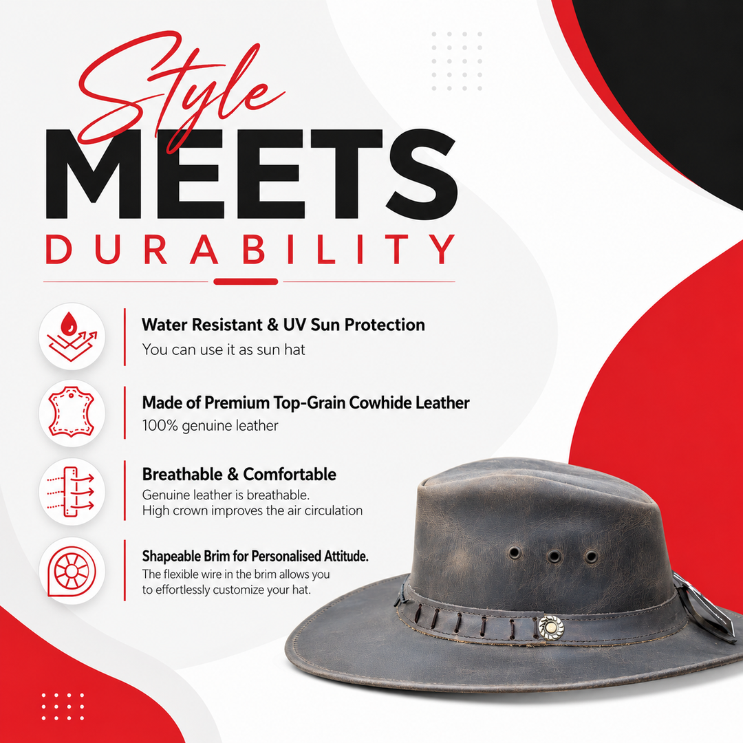 Durham Leather Cowboy Hat for Men &amp; Women – Genuine Vintage Cowhide Western Outback Hat with Bull Head Band &amp; Shapeable Brim