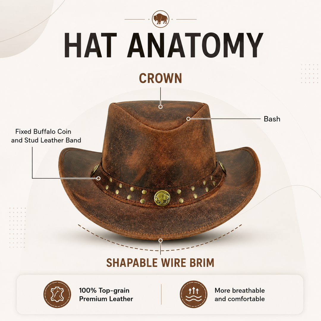 Arizona Cowboy Hat for Men &amp; Women – Genuine Distressed Leather Western Hat with Studded Band, Shapeable Brim &amp; Chin Strap