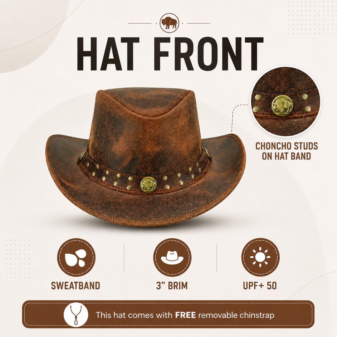 Arizona Cowboy Hat for Men &amp; Women – Genuine Distressed Leather Western Hat with Studded Band, Shapeable Brim &amp; Chin Strap