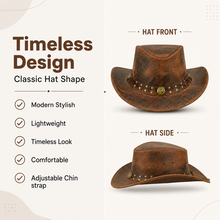Arizona Cowboy Hat for Men &amp; Women – Genuine Distressed Leather Western Hat with Studded Band, Shapeable Brim &amp; Chin Strap