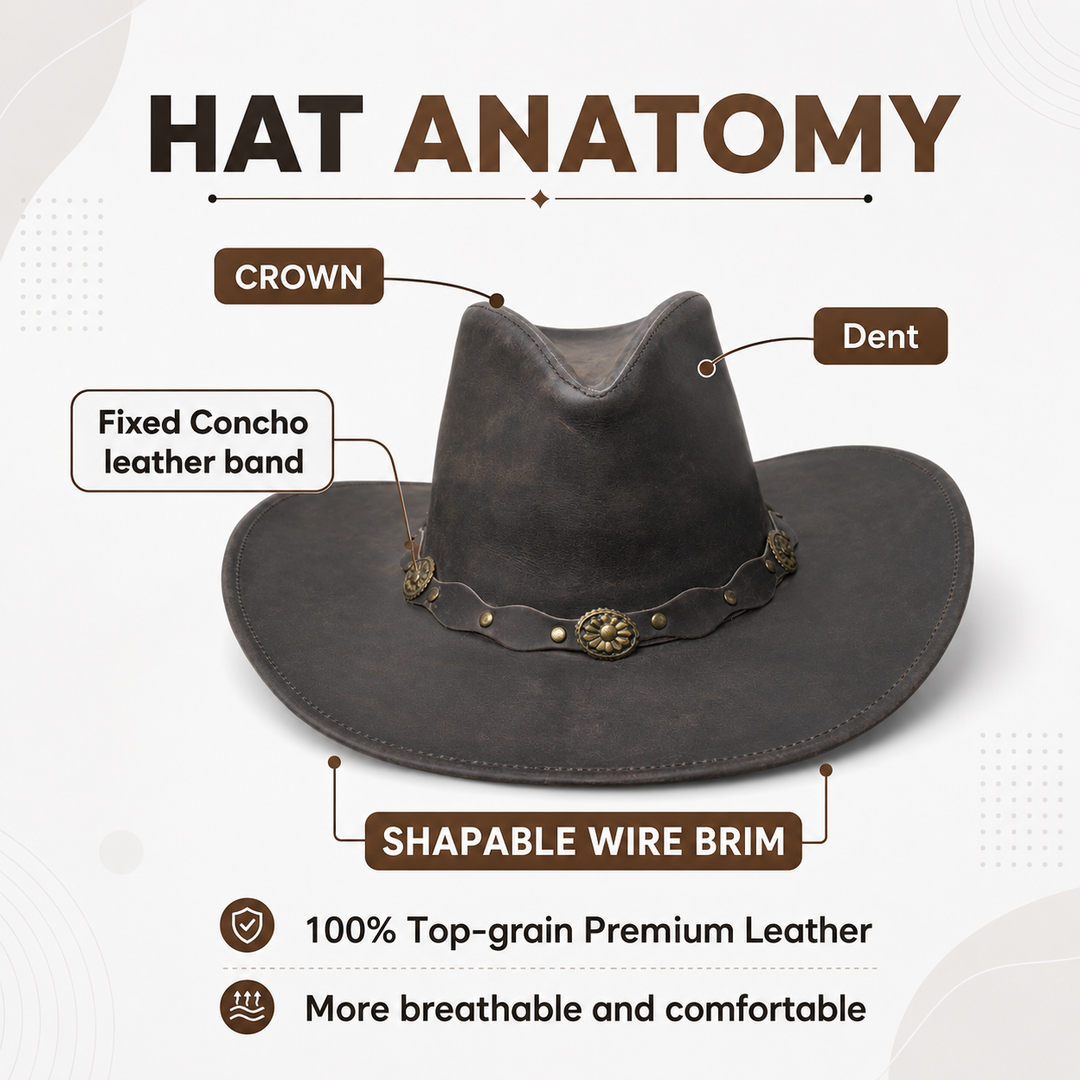 Deadwood Leather Cowboy Hat for Men &amp; Women - Handcrafted Genuine Leather with Conchos Band, Distressed Western Hat