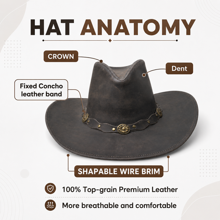 Deadwood Leather Cowboy Hat for Men &amp; Women - Handcrafted Genuine Leather with Conchos Band, Distressed Western Hat