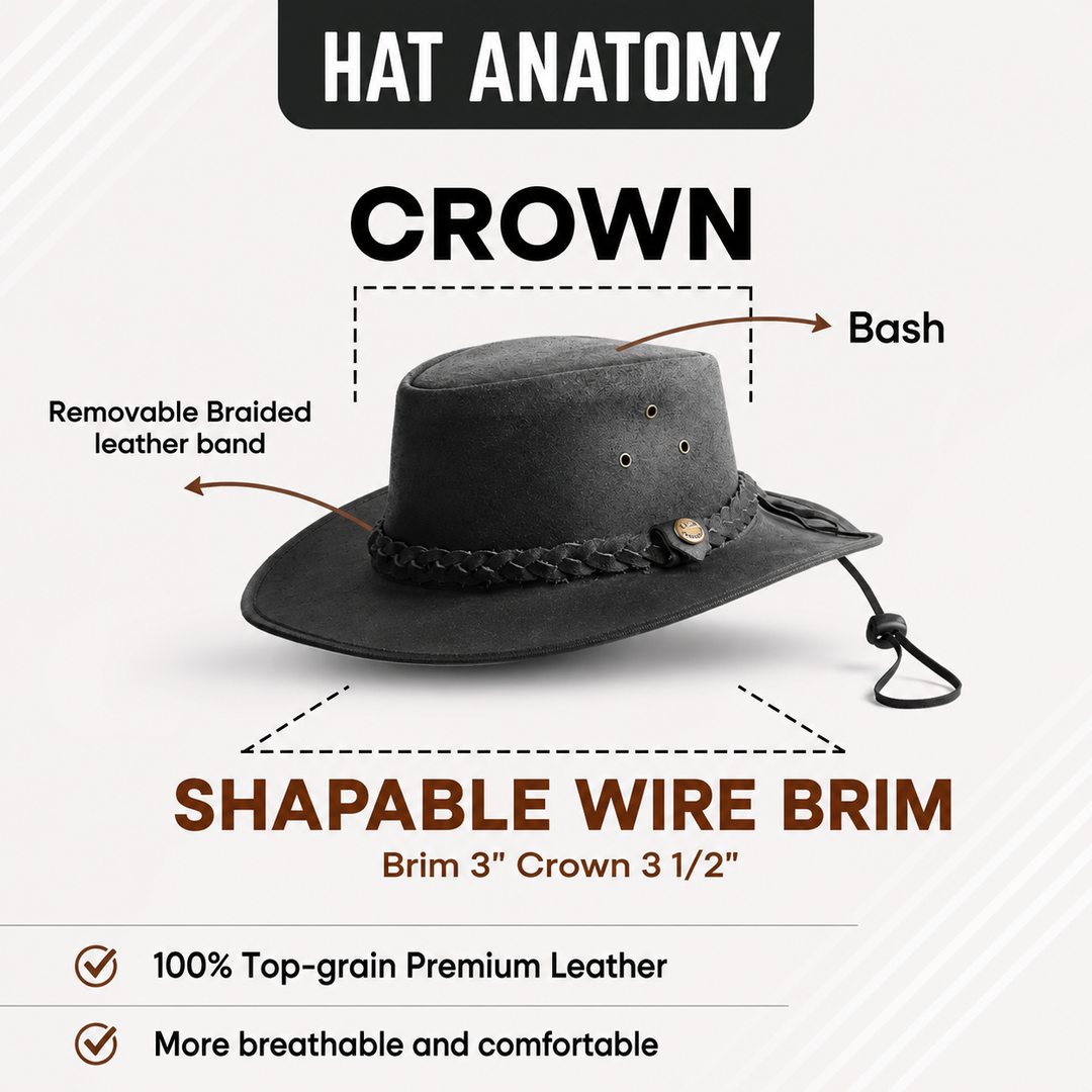 Safari Crazy Leather Cowboy Hat for Men &amp; Women - Western Outback Hat, Genuine Leather, Shapeable Brim