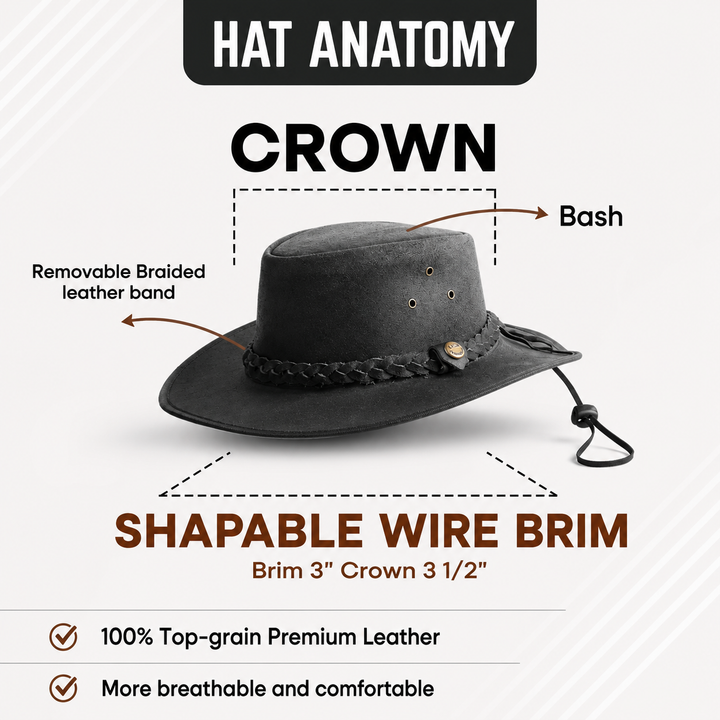 Safari Crazy Leather Cowboy Hat for Men &amp; Women - Western Outback Hat, Genuine Leather, Shapeable Brim