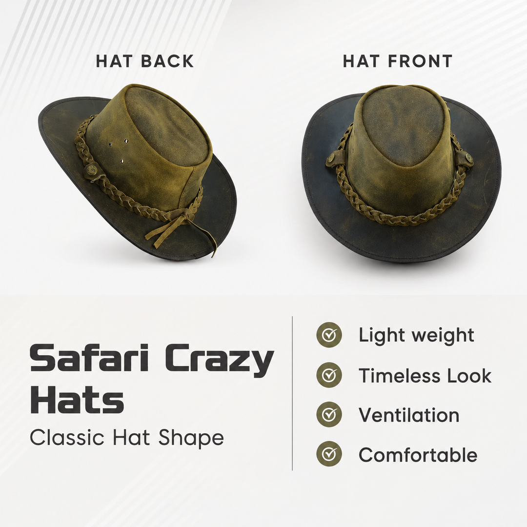 Safari Crazy Leather Cowboy Hat for Men &amp; Women - Western Outback Hat, Genuine Leather, Shapeable Brim