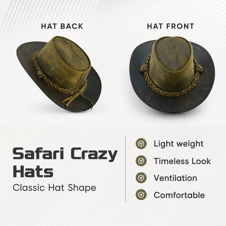 Safari Crazy Leather Cowboy Hat for Men &amp; Women - Western Outback Hat, Genuine Leather, Shapeable Brim