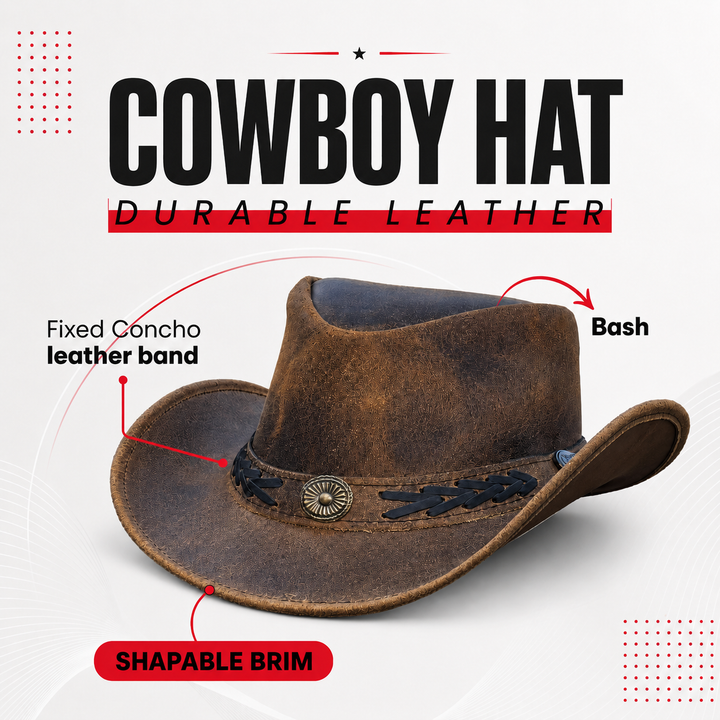 Sahara Cowboy Hat for Men &amp; Women – Genuine Distressed Leather Western Hat with Shapeable Brim, Chin Strap &amp; Braided Band