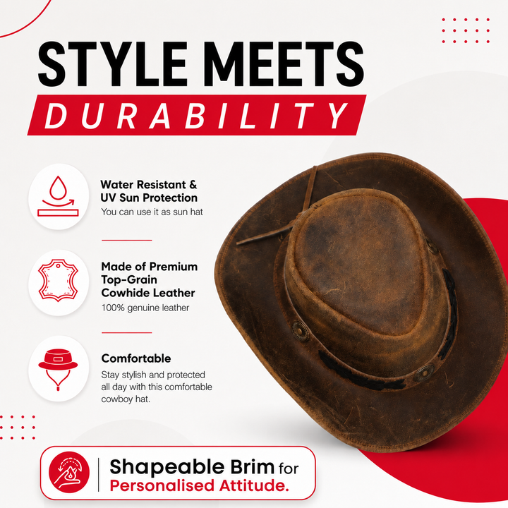 Sahara Cowboy Hat for Men &amp; Women – Genuine Distressed Leather Western Hat with Shapeable Brim, Chin Strap &amp; Braided Band