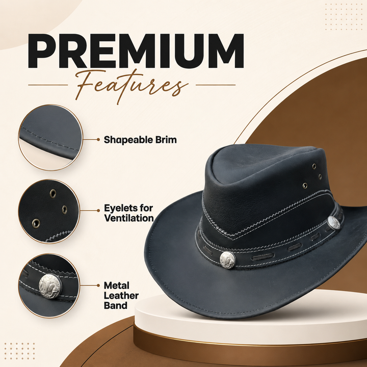 Norwich Leather Cowboy Hat for Men &amp; Women – 100% Genuine Leather Western Outback Hat with Shapeable Brim &amp; Sun Protection