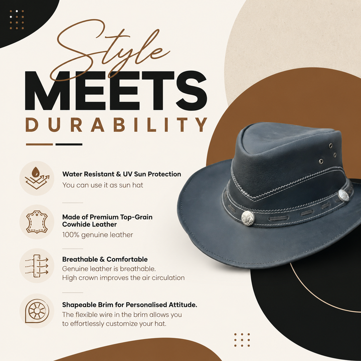Norwich Leather Cowboy Hat for Men &amp; Women – 100% Genuine Leather Western Outback Hat with Shapeable Brim &amp; Sun Protection