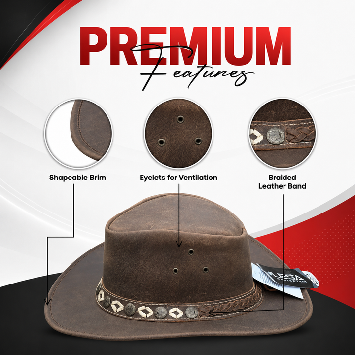 Ashmore Cowboy Hat for Men &amp; Women – 100% Genuine Leather Western Outback Hat, Shapeable Brim, Sun Protection, Handcrafted