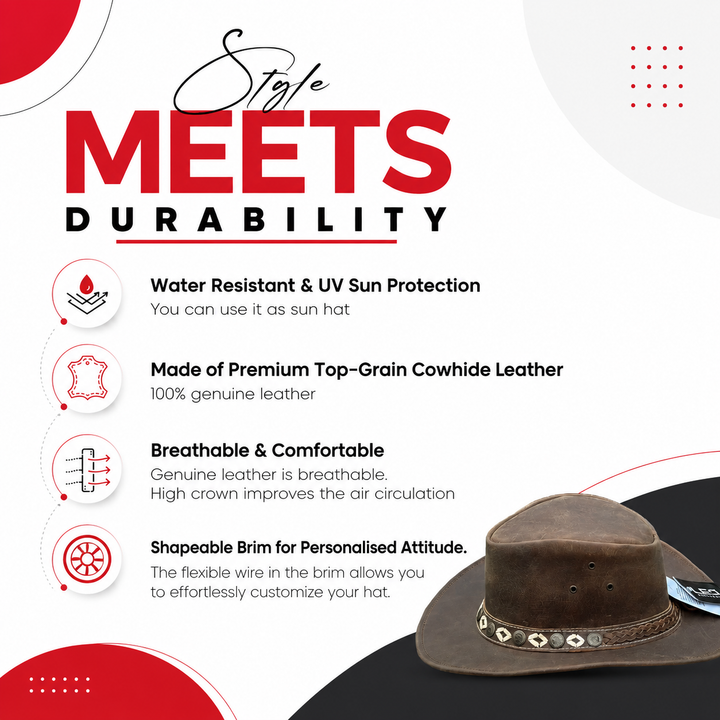 Ashmore Cowboy Hat for Men &amp; Women – 100% Genuine Leather Western Outback Hat, Shapeable Brim, Sun Protection, Handcrafted