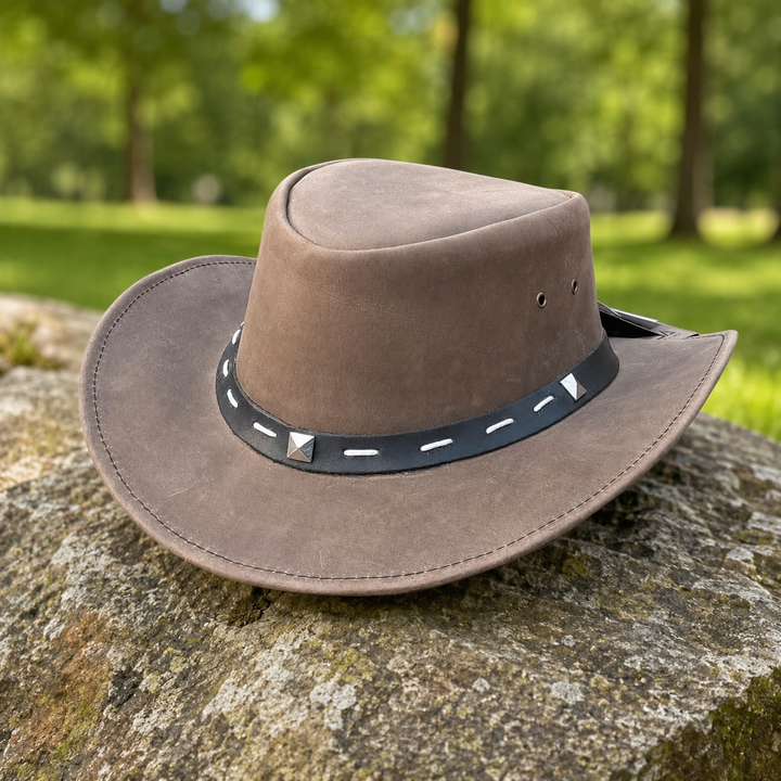 Barrie Top Grain Leather Cowboy Hat for Men &amp; Women – Western Outback Hat with Shapeable Brim &amp; Metal Accents