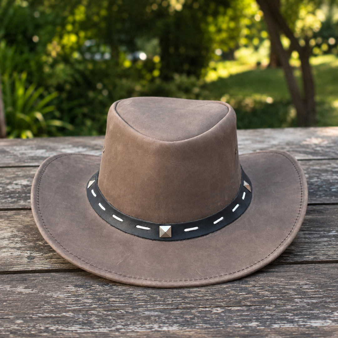 Barrie Top Grain Leather Cowboy Hat for Men &amp; Women – Western Outback Hat with Shapeable Brim &amp; Metal Accents