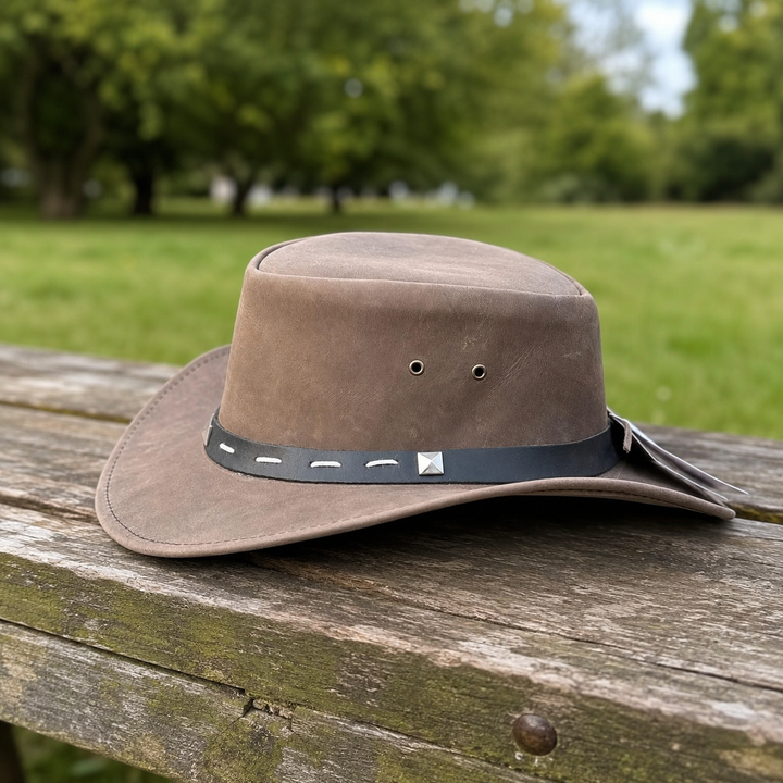 Barrie Top Grain Leather Cowboy Hat for Men &amp; Women – Western Outback Hat with Shapeable Brim &amp; Metal Accents
