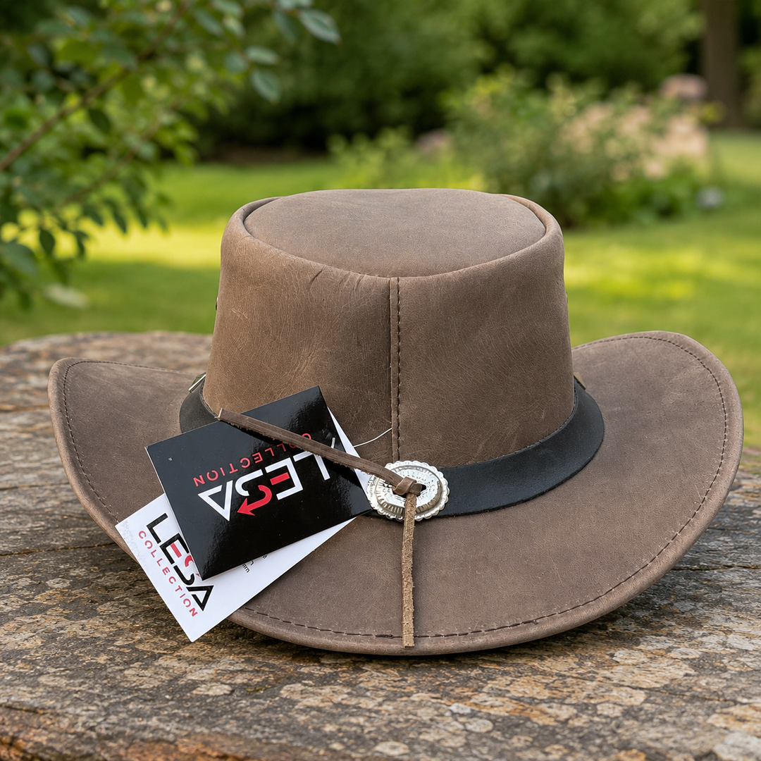Barrie Top Grain Leather Cowboy Hat for Men &amp; Women – Western Outback Hat with Shapeable Brim &amp; Metal Accents