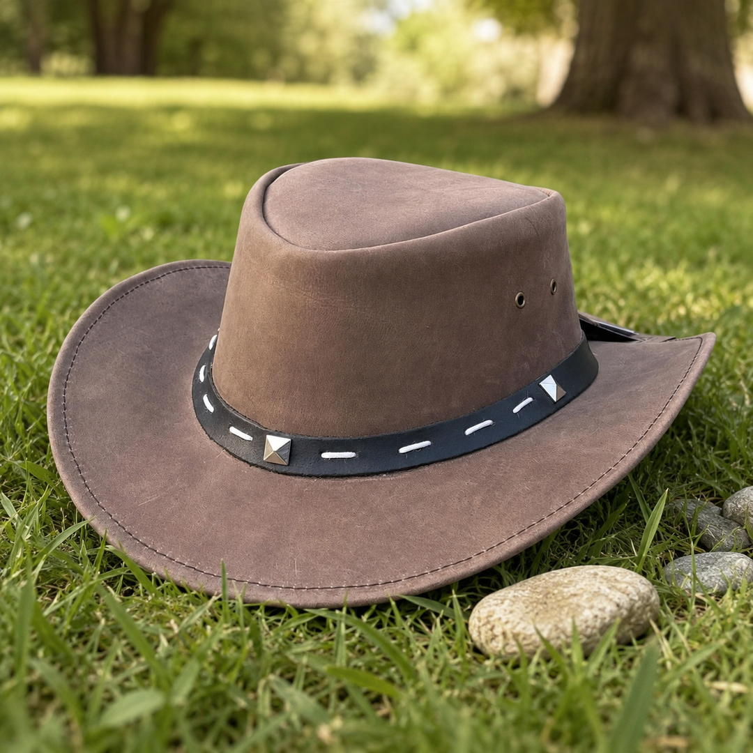 Barrie Top Grain Leather Cowboy Hat for Men &amp; Women – Western Outback Hat with Shapeable Brim &amp; Metal Accents