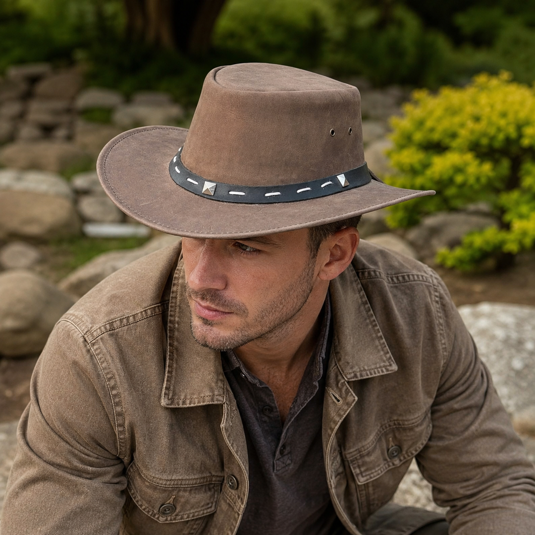 Barrie Top Grain Leather Cowboy Hat for Men &amp; Women – Western Outback Hat with Shapeable Brim &amp; Metal Accents