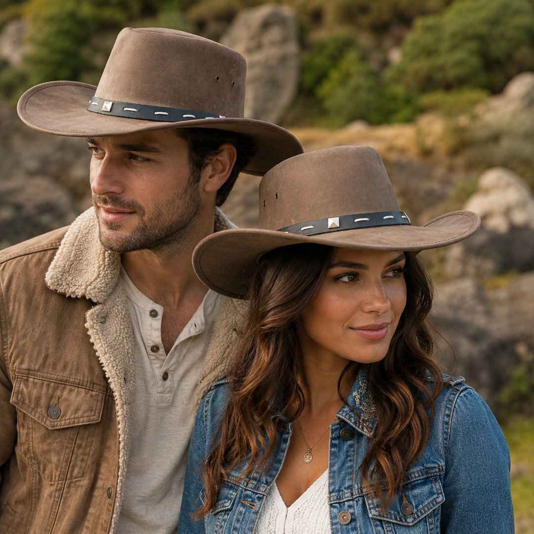 Barrie Top Grain Leather Cowboy Hat for Men &amp; Women – Western Outback Hat with Shapeable Brim &amp; Metal Accents