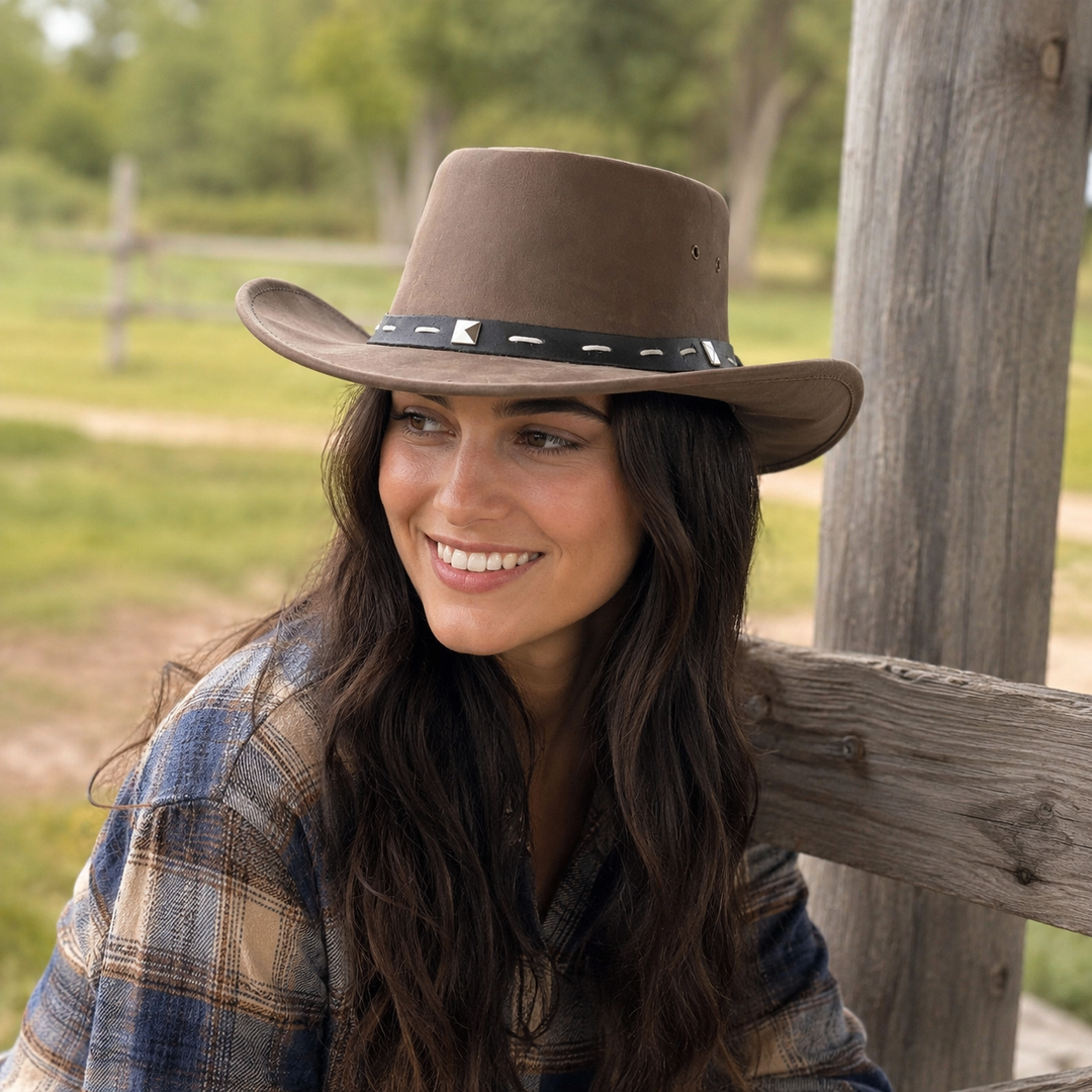 Barrie Top Grain Leather Cowboy Hat for Men &amp; Women – Western Outback Hat with Shapeable Brim &amp; Metal Accents