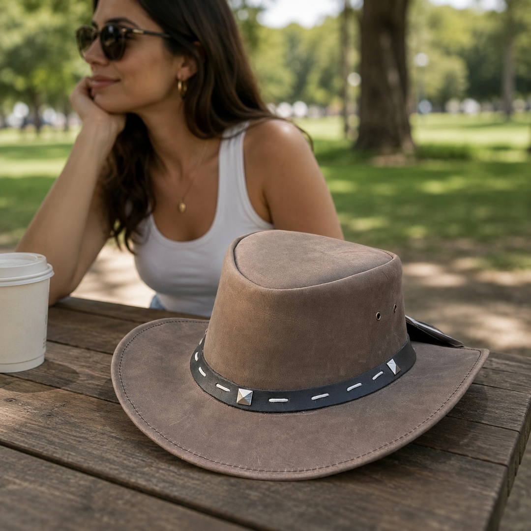 Barrie Top Grain Leather Cowboy Hat for Men &amp; Women – Western Outback Hat with Shapeable Brim &amp; Metal Accents
