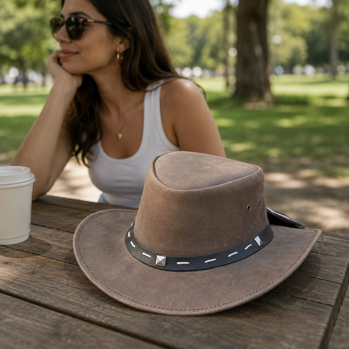 Barrie Top Grain Leather Cowboy Hat for Men &amp; Women – Western Outback Hat with Shapeable Brim &amp; Metal Accents