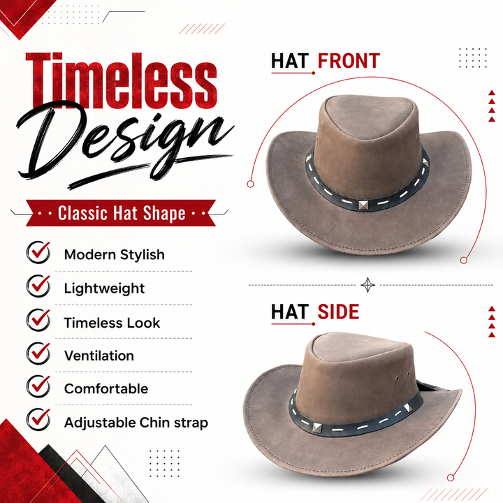Barrie Top Grain Leather Cowboy Hat for Men &amp; Women – Western Outback Hat with Shapeable Brim &amp; Metal Accents