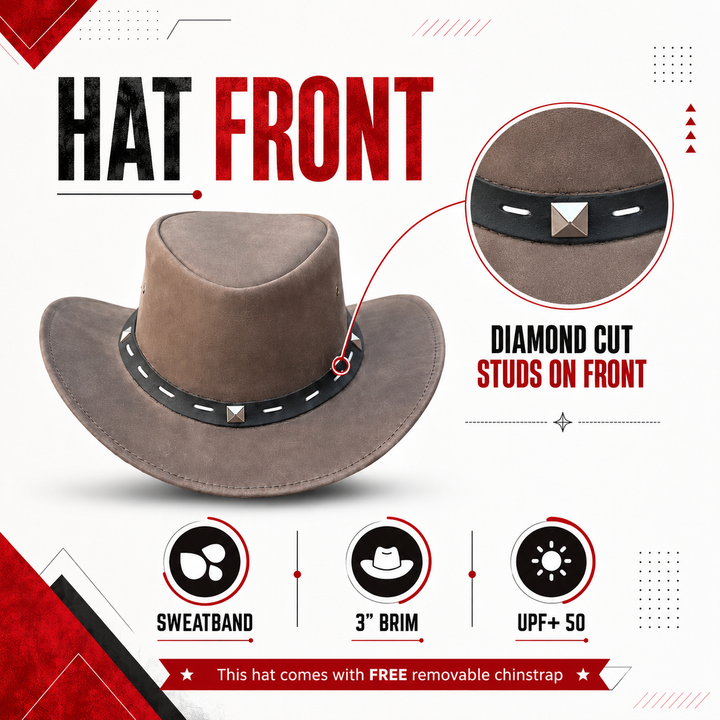 Barrie Top Grain Leather Cowboy Hat for Men &amp; Women – Western Outback Hat with Shapeable Brim &amp; Metal Accents