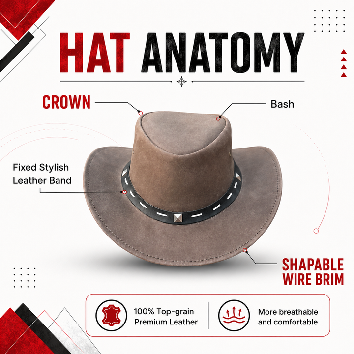 Barrie Top Grain Leather Cowboy Hat for Men &amp; Women – Western Outback Hat with Shapeable Brim &amp; Metal Accents