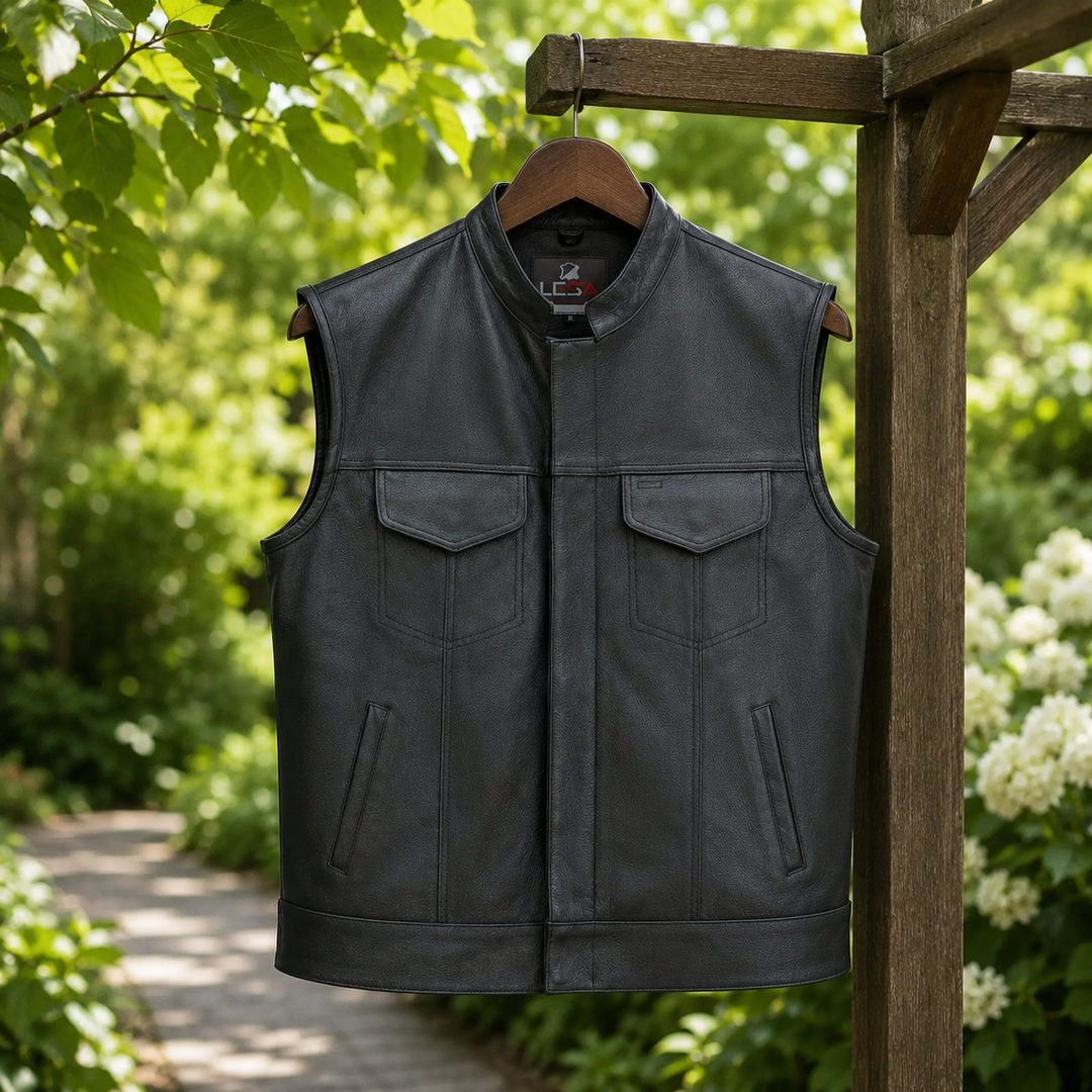 Men’s Cowhide Leather Motorcycle Vest – Black Leather Biker Vest with Collar, Zipper Snap Closure &amp; Concealed Carry Pockets