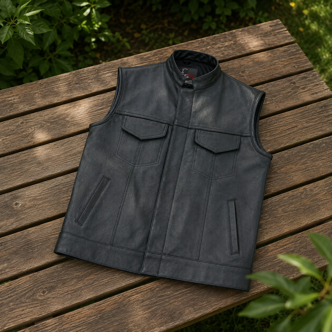 Men’s Cowhide Leather Motorcycle Vest – Black Leather Biker Vest with Collar, Zipper Snap Closure &amp; Concealed Carry Pockets