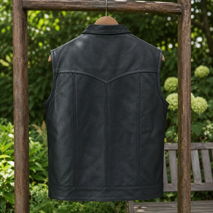 Men’s Cowhide Leather Motorcycle Vest – Black Leather Biker Vest with Collar, Zipper Snap Closure &amp; Concealed Carry Pockets