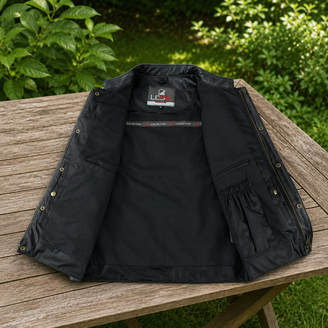 Men’s Cowhide Leather Motorcycle Vest – Black Leather Biker Vest with Collar, Zipper Snap Closure &amp; Concealed Carry Pockets
