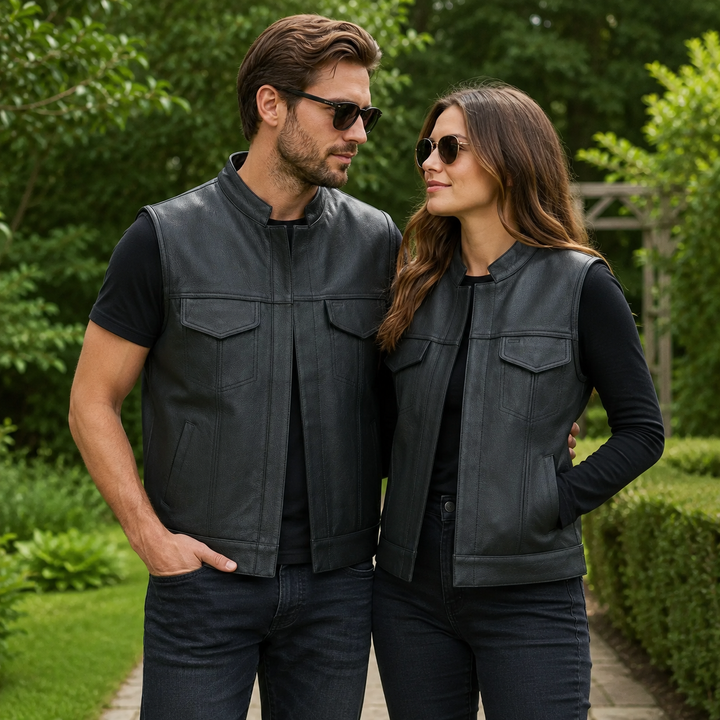 Men’s Cowhide Leather Motorcycle Vest – Black Leather Biker Vest with Collar, Zipper Snap Closure &amp; Concealed Carry Pockets