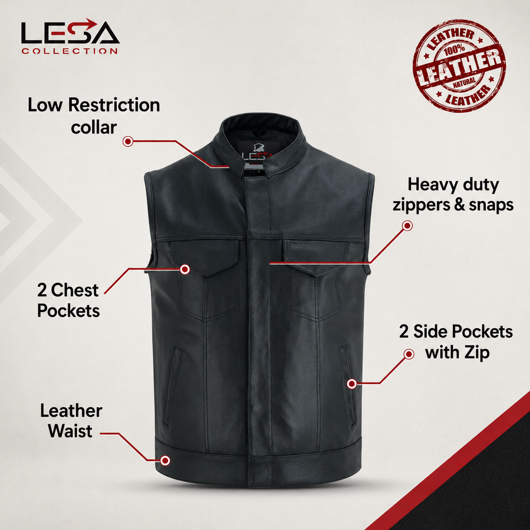 Men’s Cowhide Leather Motorcycle Vest – Black Leather Biker Vest with Collar, Zipper Snap Closure &amp; Concealed Carry Pockets