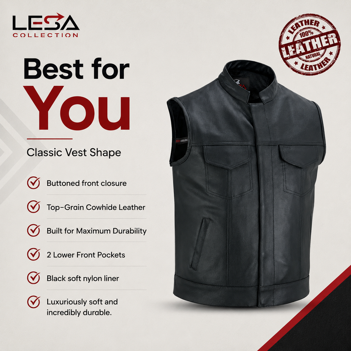 Men’s Cowhide Leather Motorcycle Vest – Black Leather Biker Vest with Collar, Zipper Snap Closure &amp; Concealed Carry Pockets