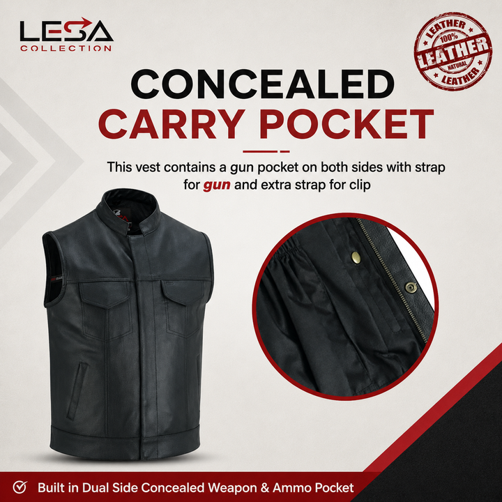 Men’s Cowhide Leather Motorcycle Vest – Black Leather Biker Vest with Collar, Zipper Snap Closure &amp; Concealed Carry Pockets