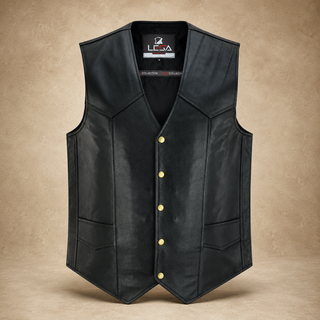 Men’s Black Leather Motorcycle Vest – Cowhide Biker Vest with V-Neck, Concealed Carry Pockets &amp; Snap Closure