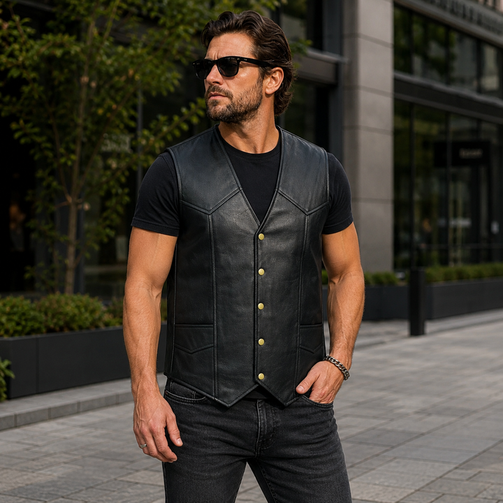 Men’s Black Leather Motorcycle Vest – Cowhide Biker Vest with V-Neck, Concealed Carry Pockets &amp; Snap Closure