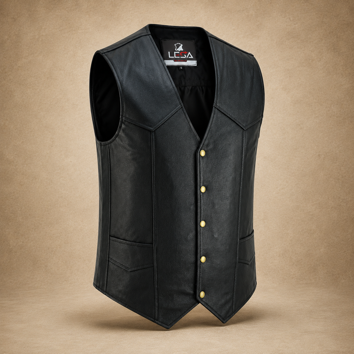 Men’s Black Leather Motorcycle Vest – Cowhide Biker Vest with V-Neck, Concealed Carry Pockets &amp; Snap Closure