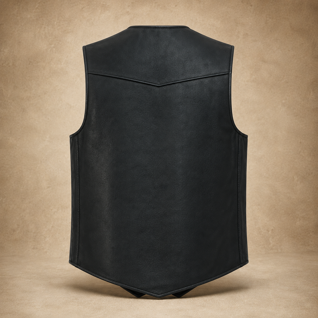Men’s Black Leather Motorcycle Vest – Cowhide Biker Vest with V-Neck, Concealed Carry Pockets &amp; Snap Closure