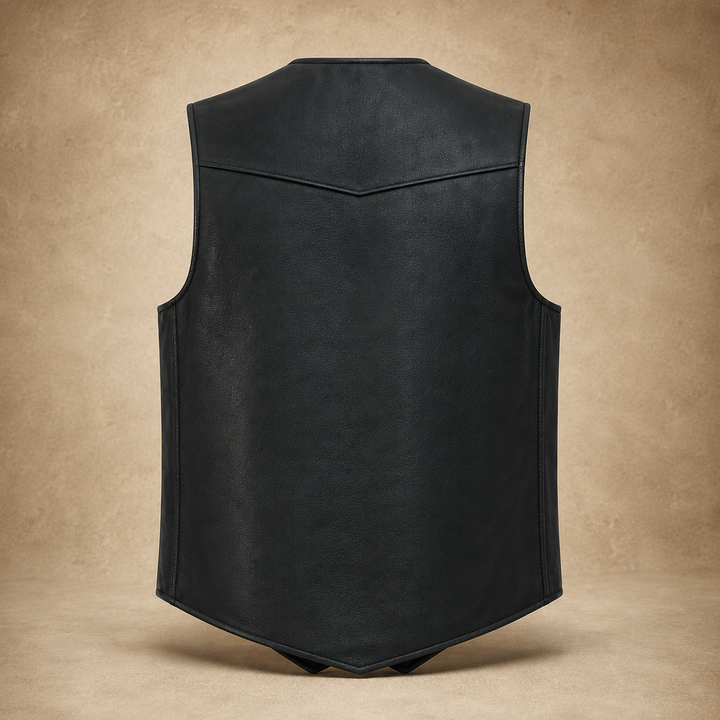 Men’s Black Leather Motorcycle Vest – Cowhide Biker Vest with V-Neck, Concealed Carry Pockets &amp; Snap Closure