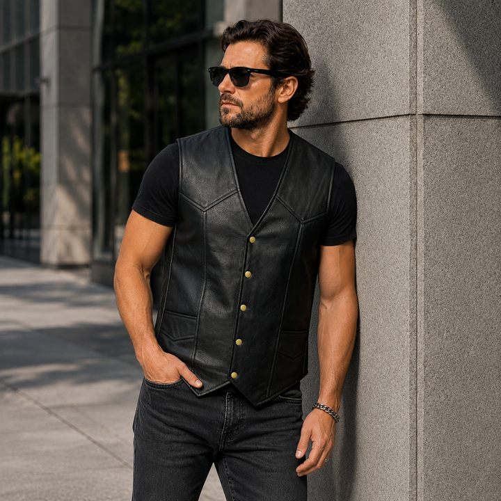 Men’s Black Leather Motorcycle Vest – Cowhide Biker Vest with V-Neck, Concealed Carry Pockets &amp; Snap Closure