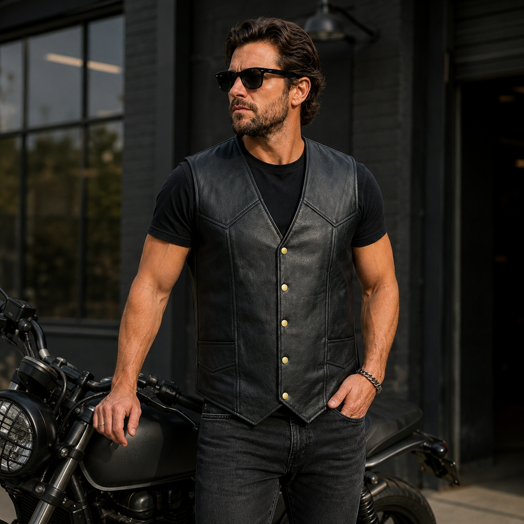 Men’s Black Leather Motorcycle Vest – Cowhide Biker Vest with V-Neck, Concealed Carry Pockets &amp; Snap Closure