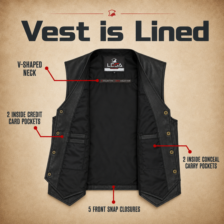 Men’s Black Leather Motorcycle Vest – Cowhide Biker Vest with V-Neck, Concealed Carry Pockets &amp; Snap Closure